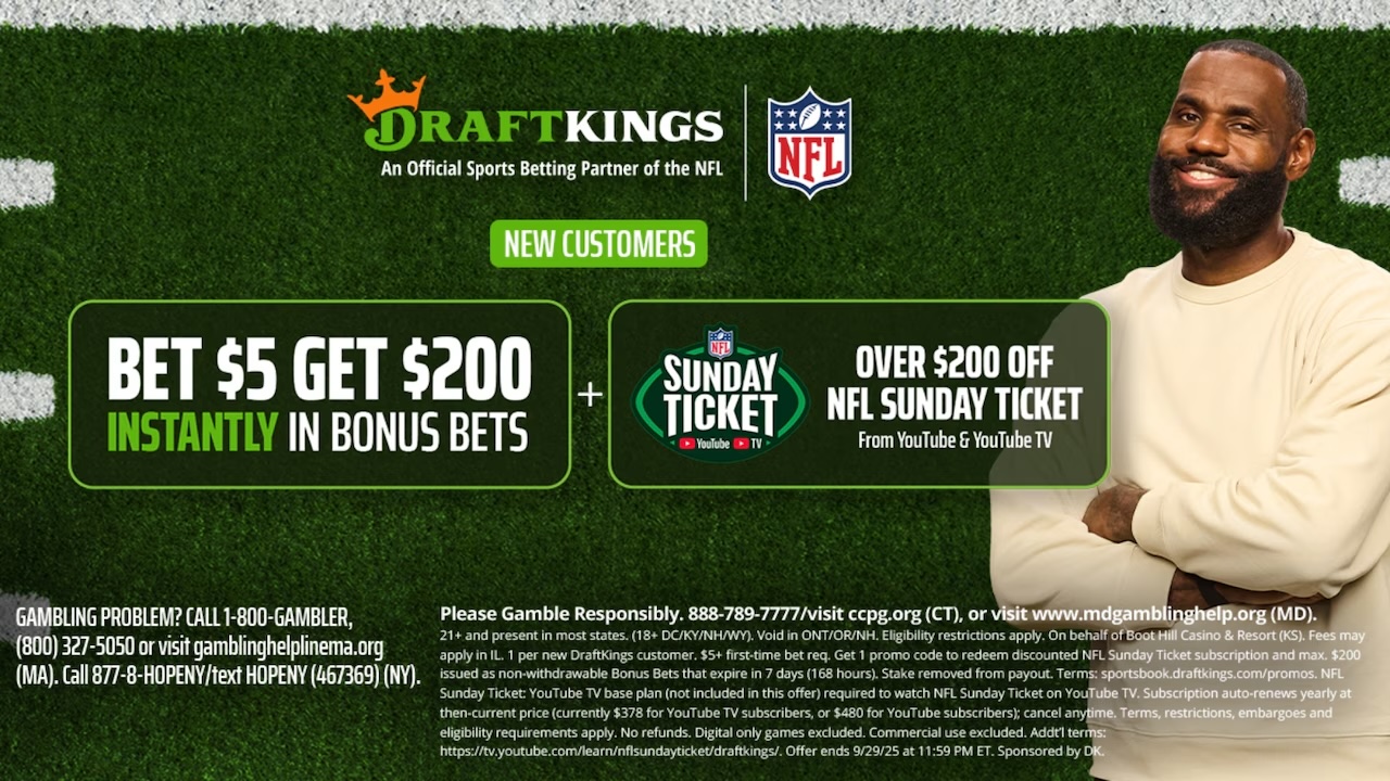 DraftKings Sportsbook NFL promotion – Bet $5 Get $200 in bonus bets plus NFL Sunday Ticket discount